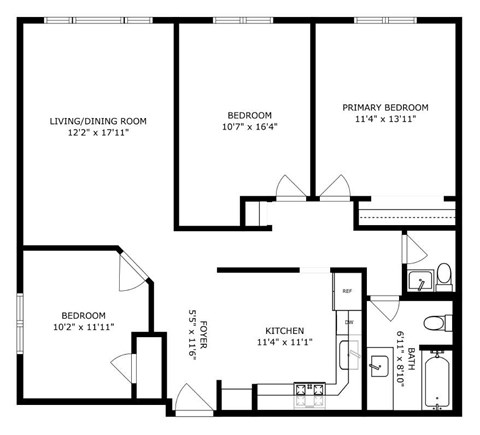 A black and white image of a floor plan for a home with a living/dining room, two bedrooms, a primary bedroom, a kitchen, a foyer, and a bathroom.